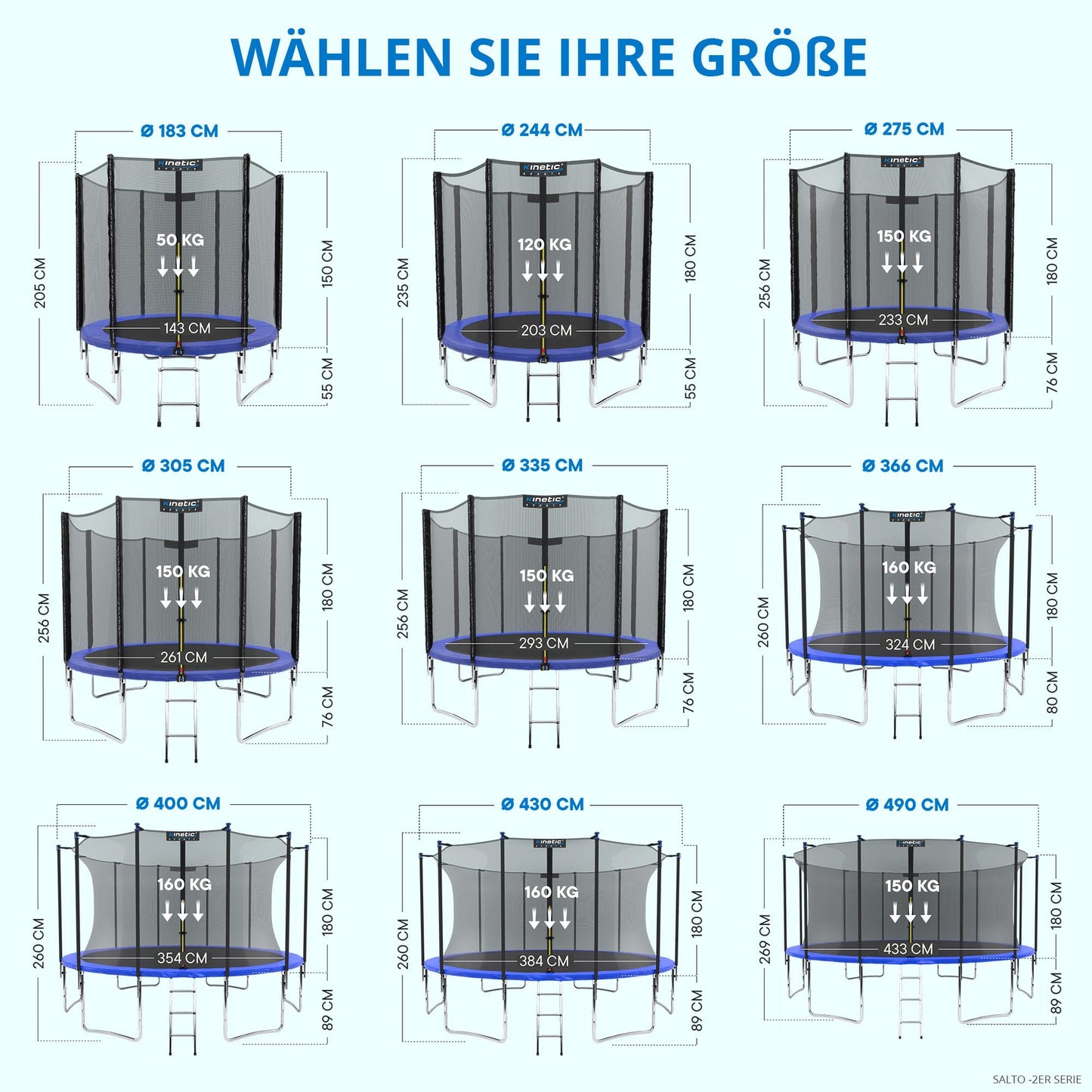 Trampolin Outdoor ‘Salto Plus’ Ø 183–490 cm – Komplett-Set mit Sicherheitsnetz, Randpolster & Leiter, bis 160 kg
