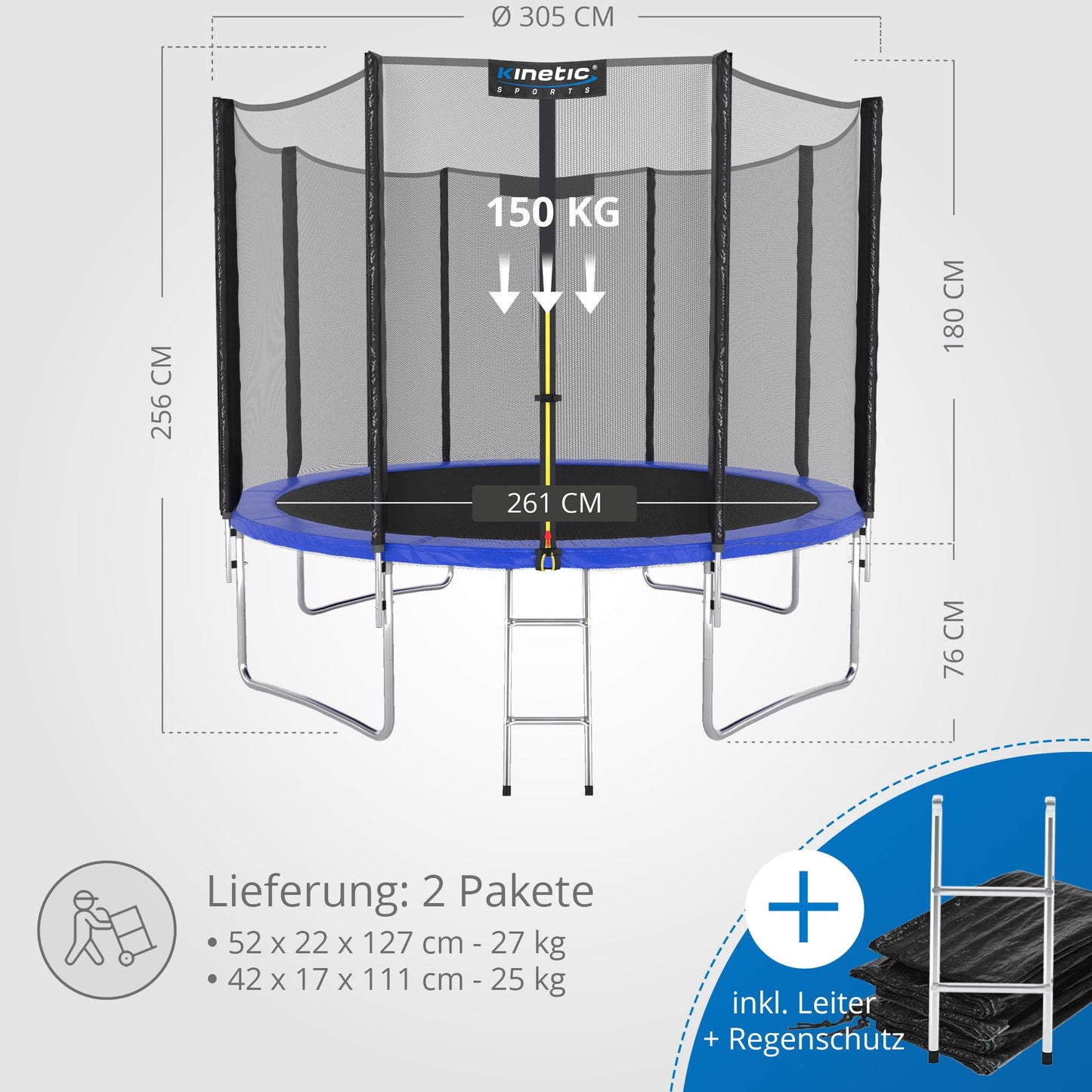 Trampolin Outdoor ‘Salto Plus’ Ø 183–490 cm – Komplett-Set mit Sicherheitsnetz, Randpolster & Leiter, bis 160 kg