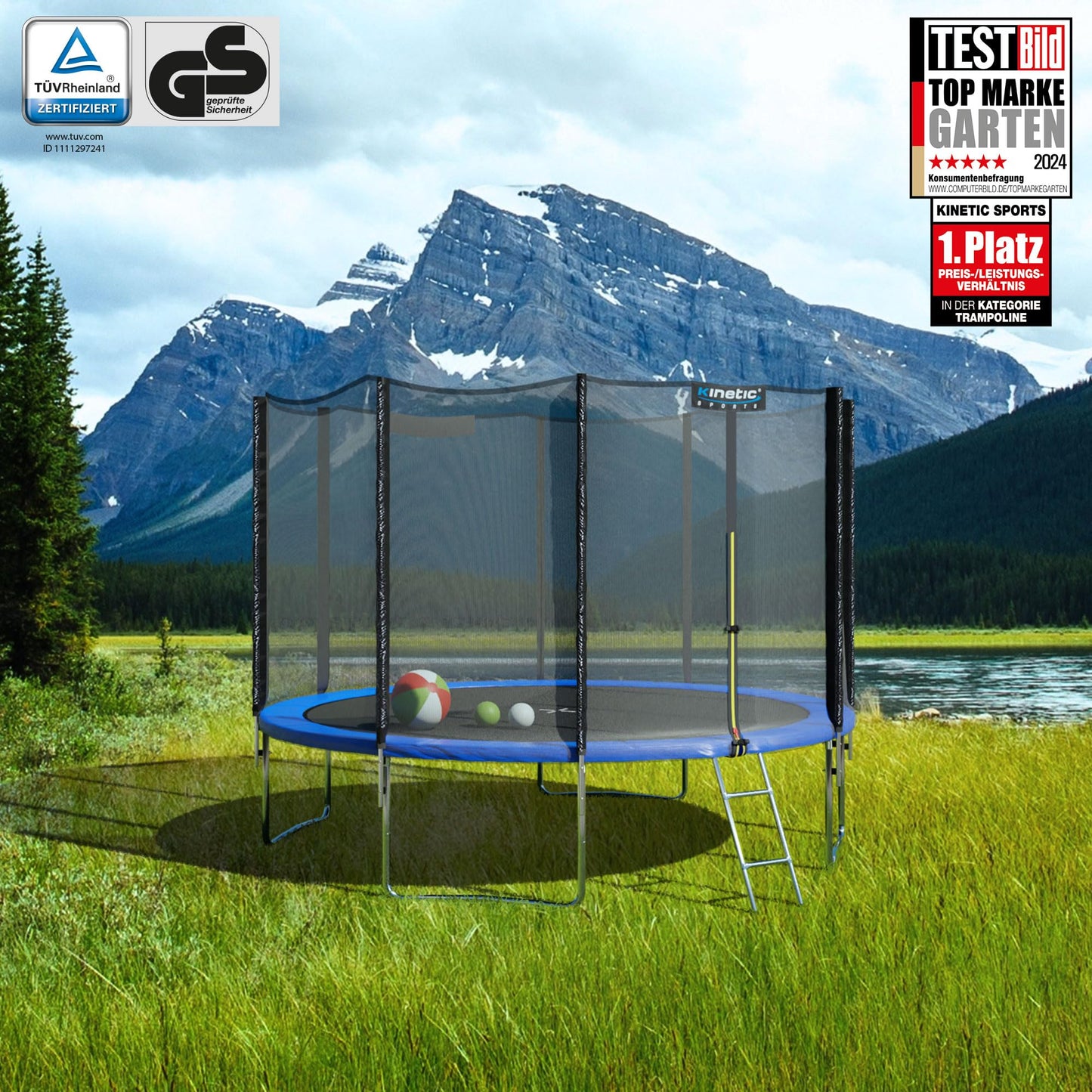 Trampolin Outdoor ‘Salto Plus’ Ø 183–490 cm – Komplett-Set mit Sicherheitsnetz, Randpolster & Leiter, bis 160 kg