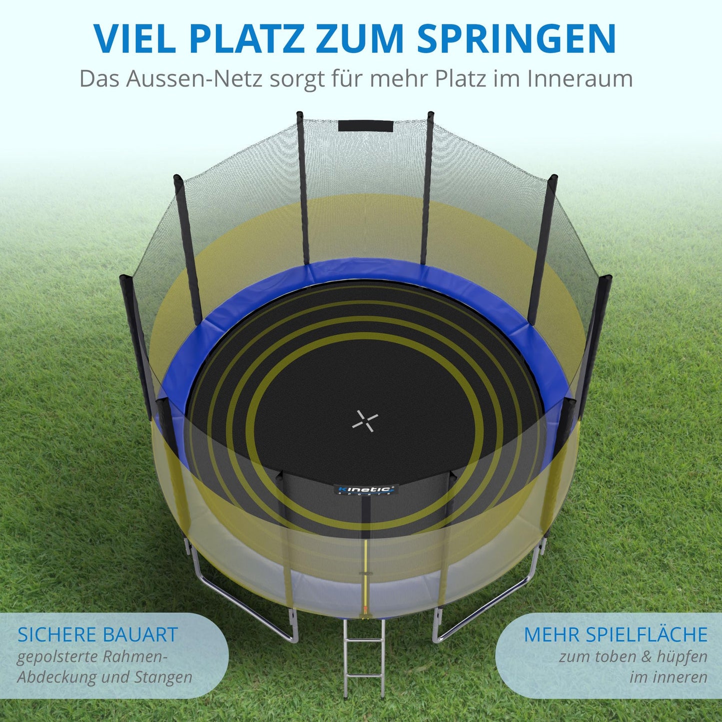 Trampolin Outdoor ‘Salto Plus’ Ø 183–490 cm – Komplett-Set mit Sicherheitsnetz, Randpolster & Leiter, bis 160 kg