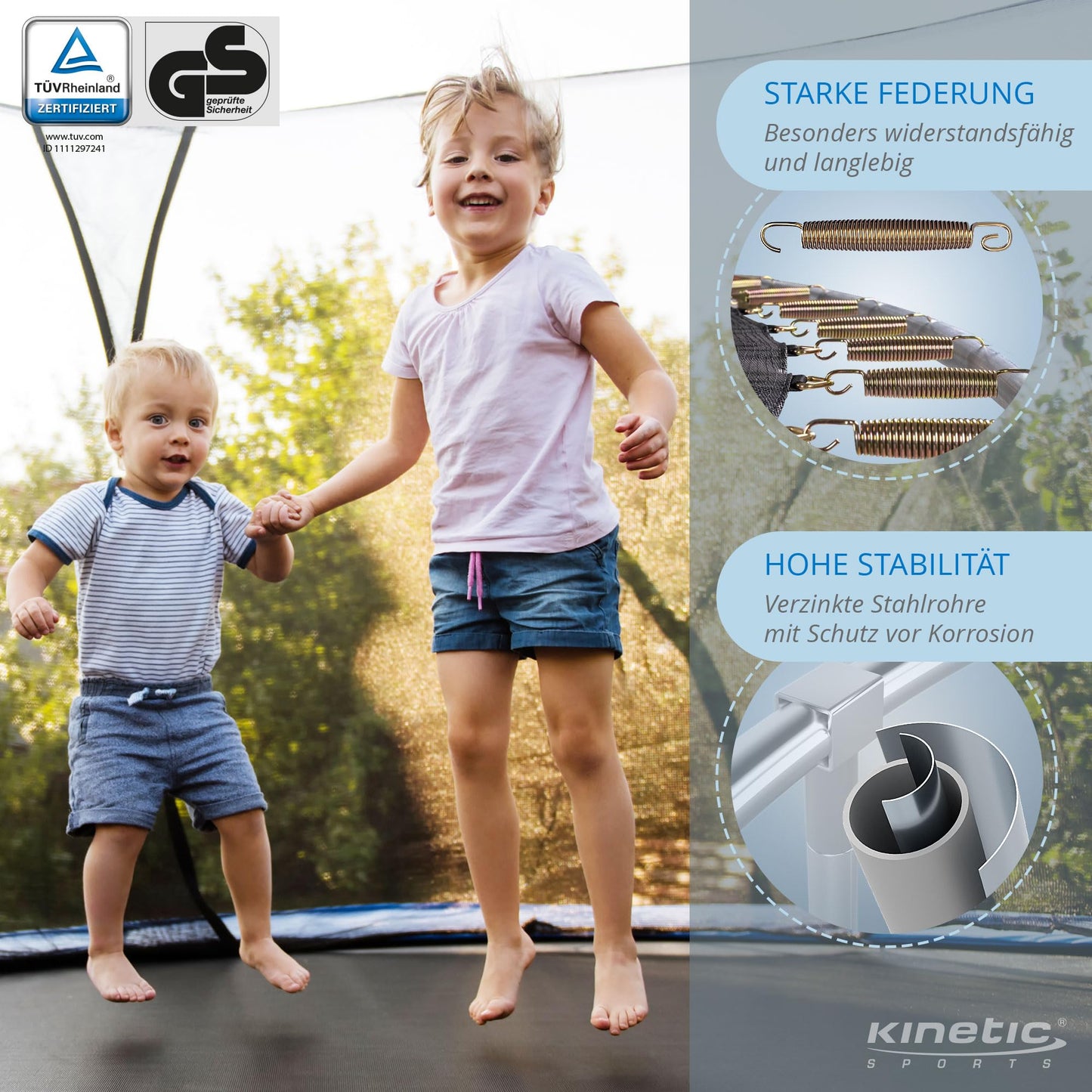 Trampolin Outdoor ‘Salto Plus’ Ø 183–490 cm – Komplett-Set mit Sicherheitsnetz, Randpolster & Leiter, bis 160 kg
