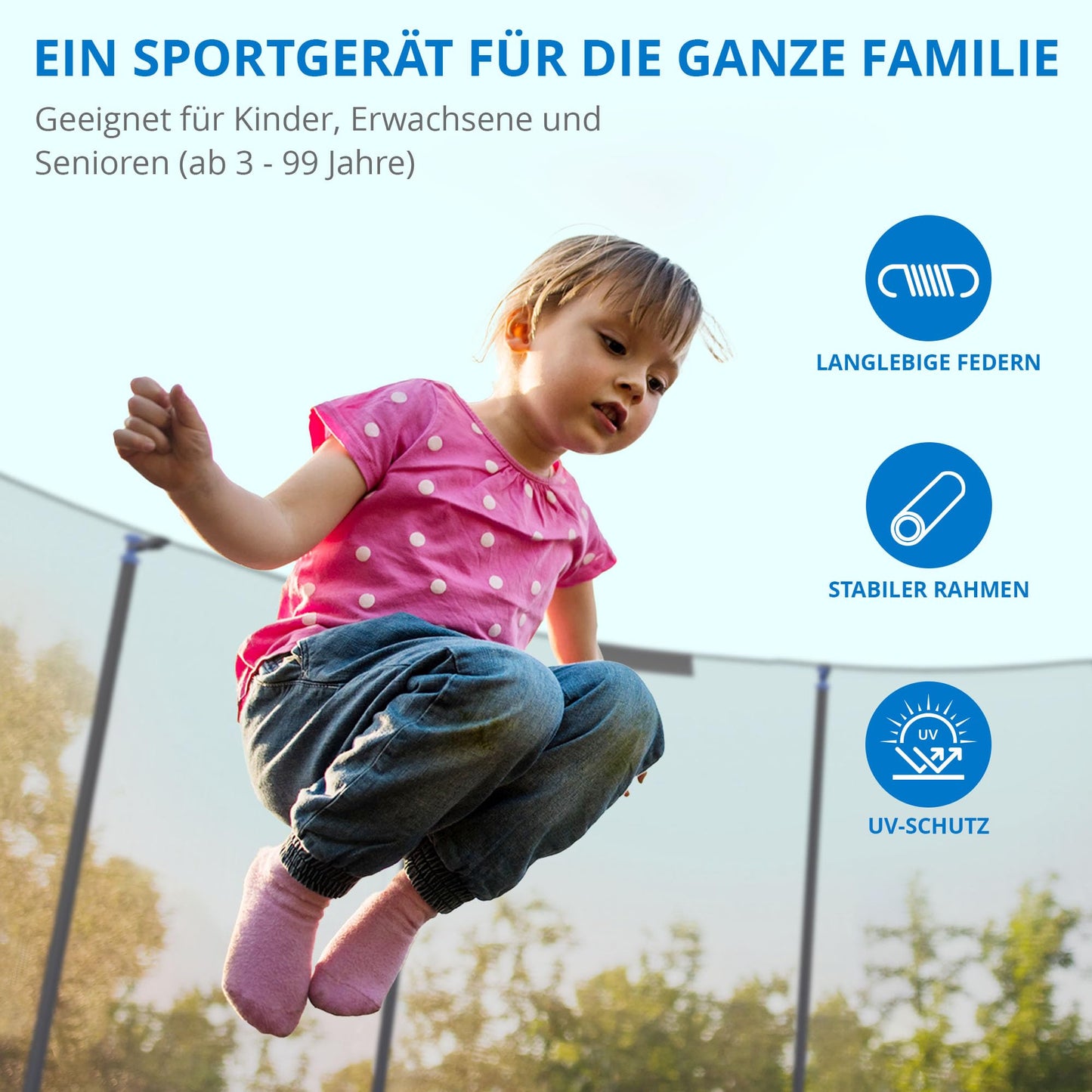 Trampolin Outdoor ‘Salto Plus’ Ø 183–490 cm – Komplett-Set mit Sicherheitsnetz, Randpolster & Leiter, bis 160 kg